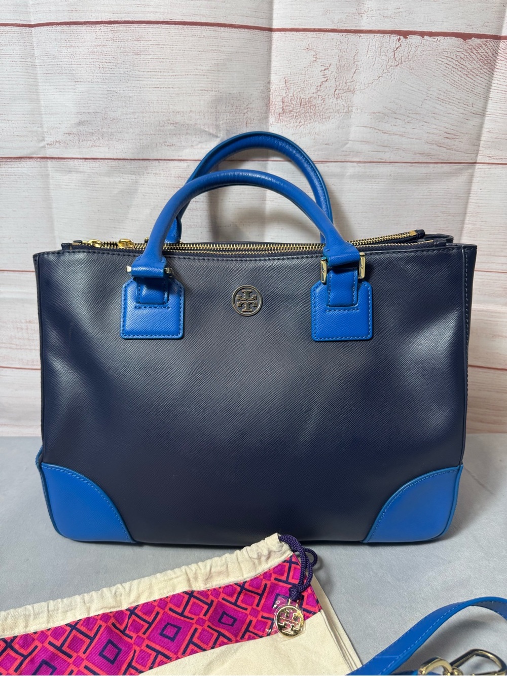 Tory Burch Robinson Double Zip Tote Saffiano Patent Leather Large Color Block